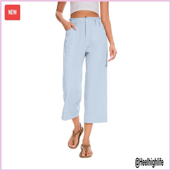 Pants - Summer Capri Pants Drawstring Waist Wide Leg Loose Fit Casual Trousers